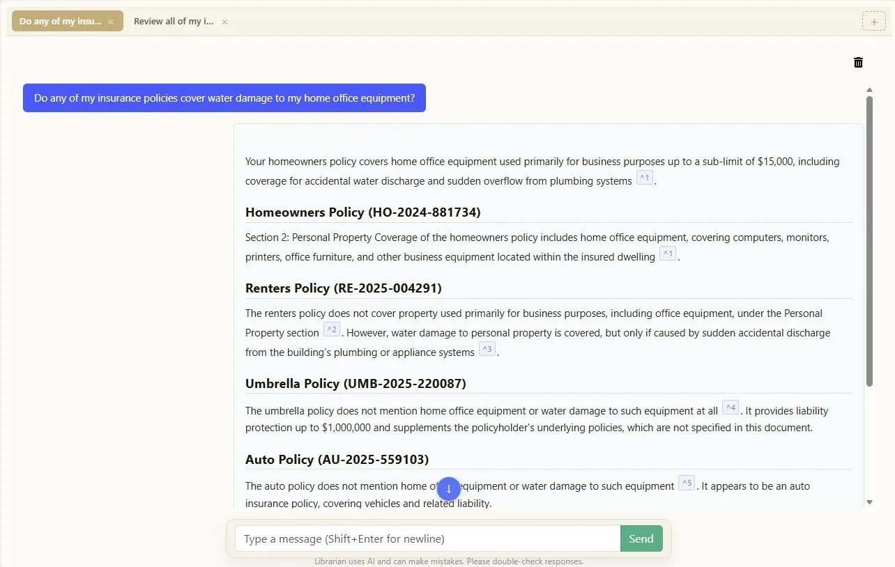 Librarian AI document assistant interface