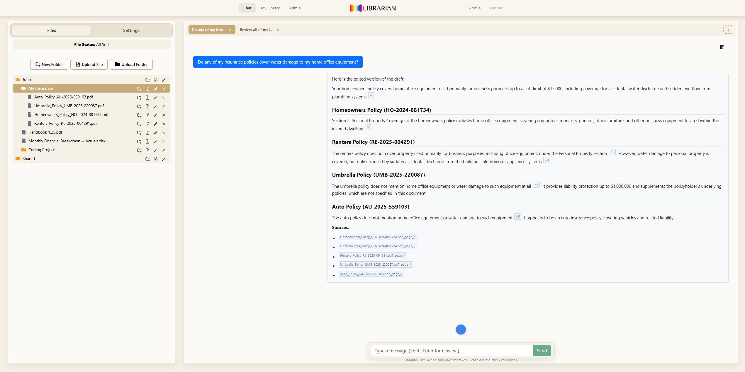 Librarian answering a question about insurance policies across four documents